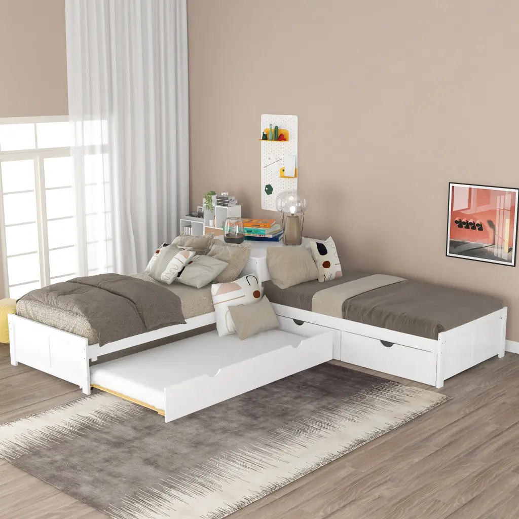 L Influenced Platform Bed Trundle And Drawers Linked Constructed Design wm store