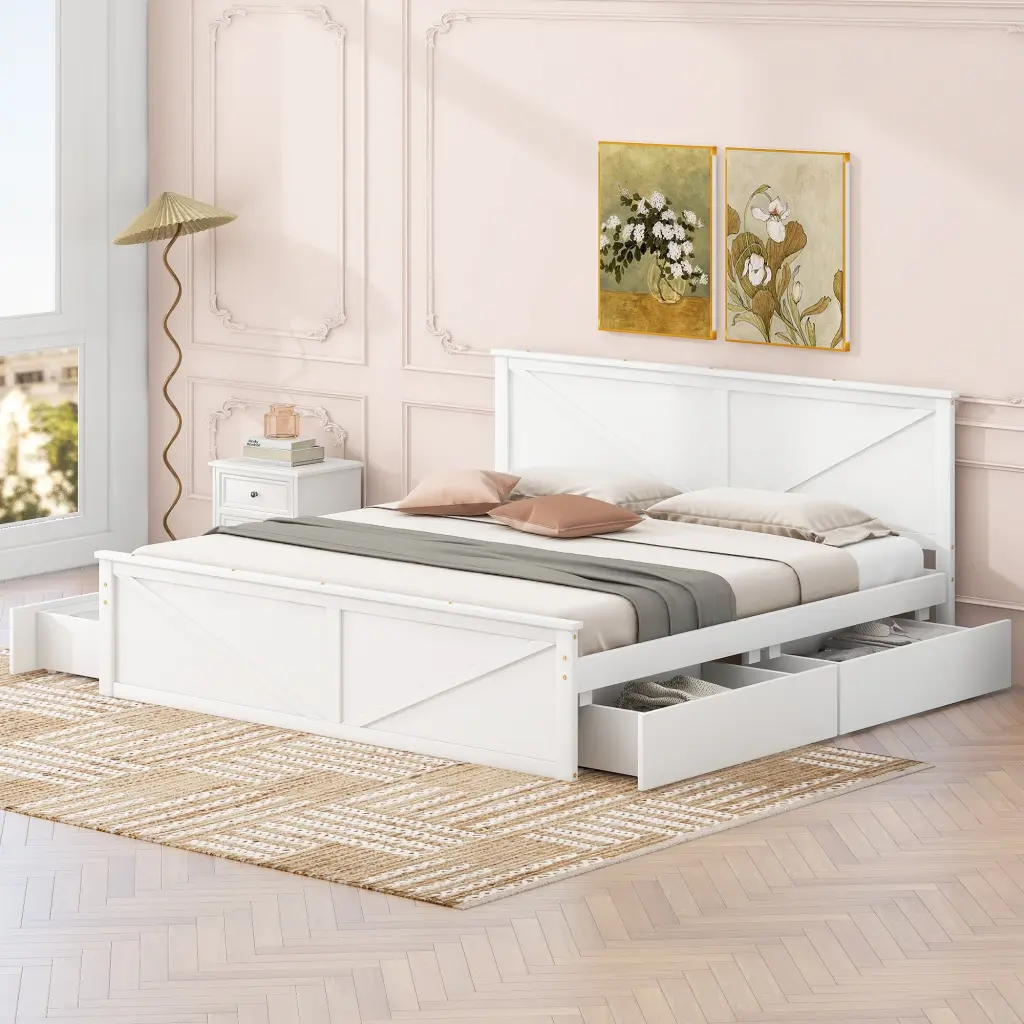 King Size Wooden Platform Bed Four Storage Drawers wm store