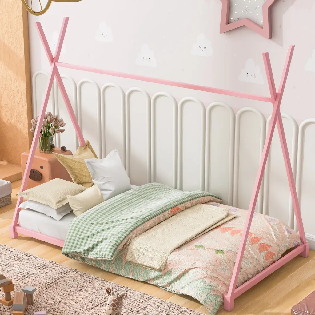 Pink Metal Twin Size Platform Bed Triangle Structure Kids Teens wm store