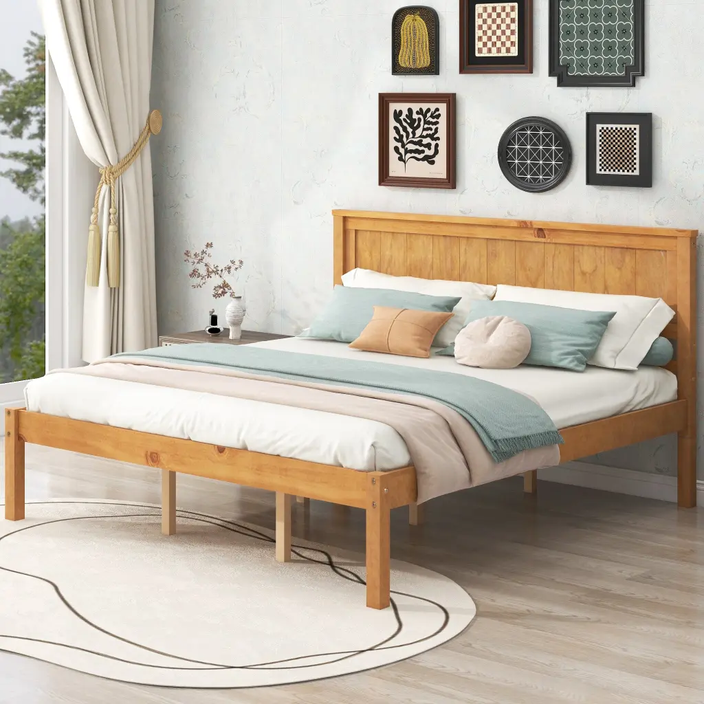 Platform Bed Frame Headboard Wood Slat Support No Box Spring Needed wm store