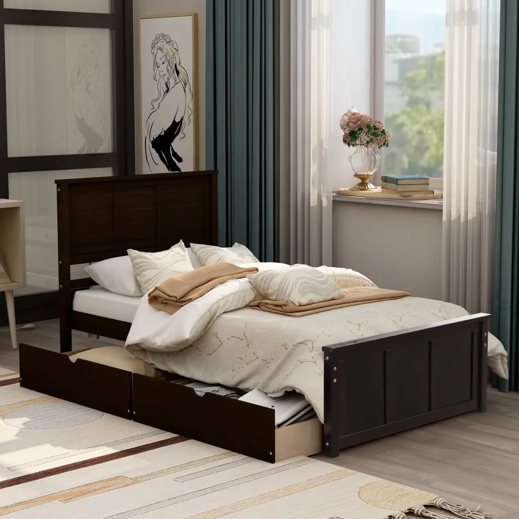 Platform Storage Bed 2 Drawers Wheels Twin Size Frame Espresso Bedroom Furniture wm store