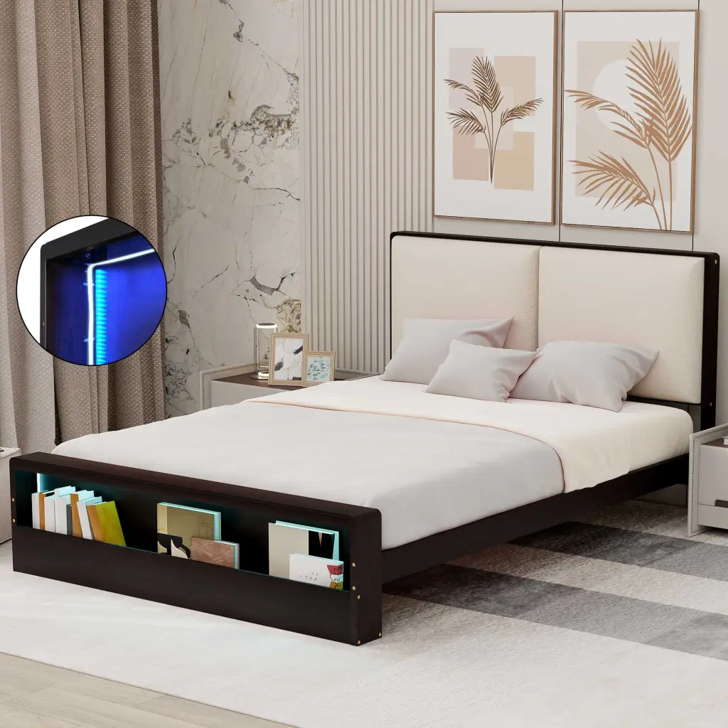 Queen Size Platform Bed Frame Upholstery Headboard And Bookshelf wm store
