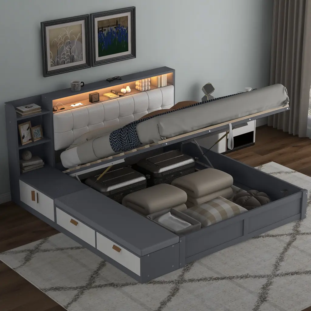 Queen Size Platform Bed Frame Upholstery Headboard and Storage wm store
