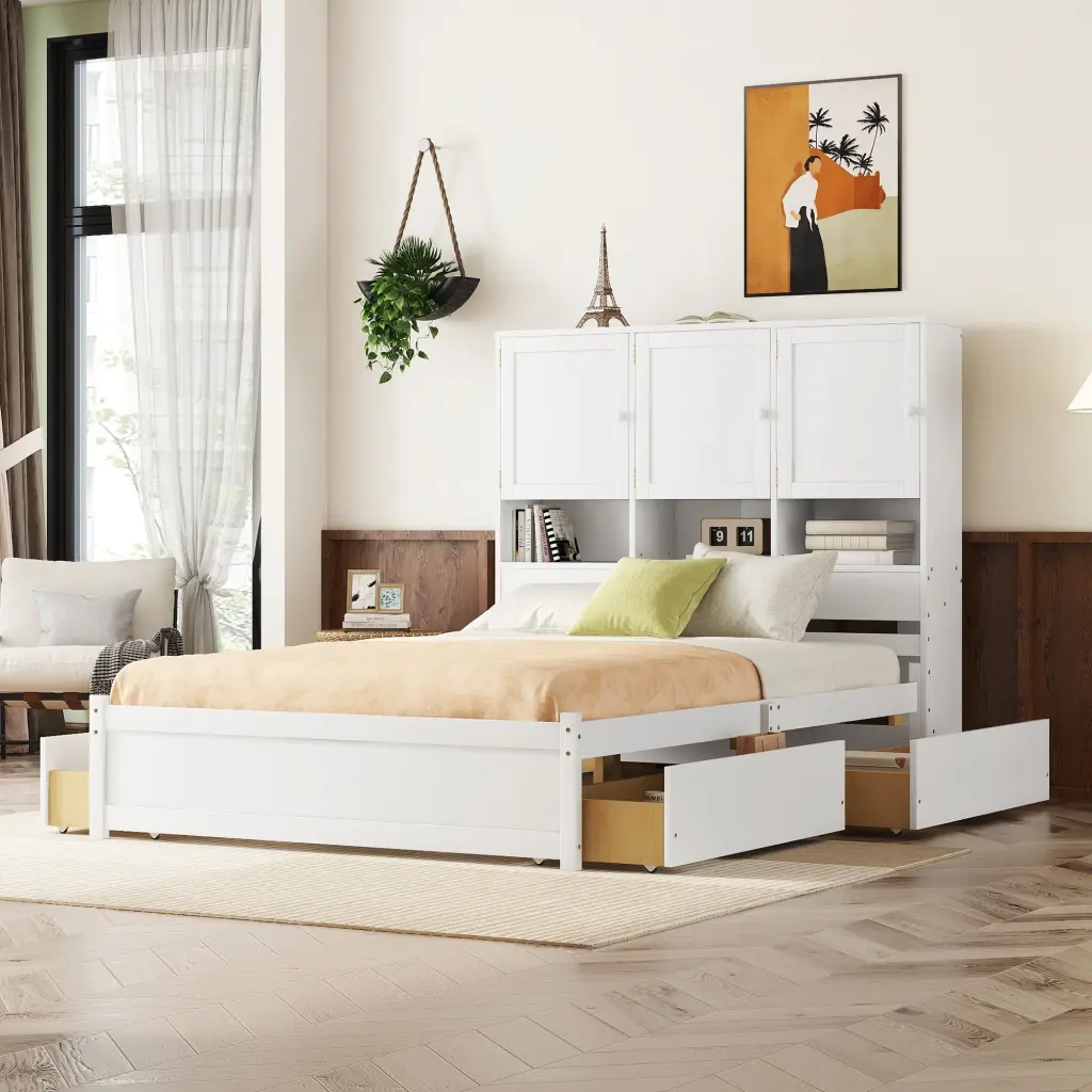 Queen Size Platform Bed Storage Headboard and 4 Drawers White Modern Bed Frame wm store