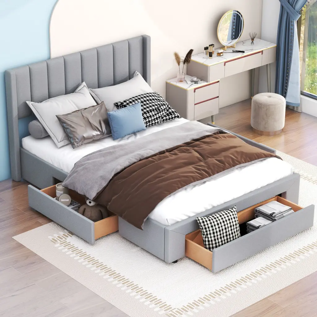 Queen Size Upholstered Platform Bed Large Footboard Drawer wm store