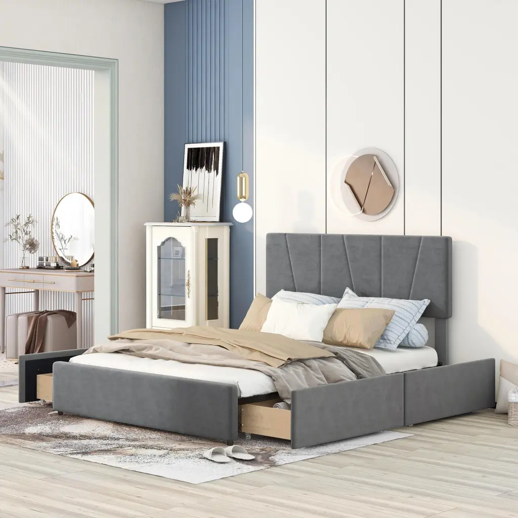 Queen Size Upholstery Platform Bed Four Drawers On Two Sides And Adjustable Features wm store