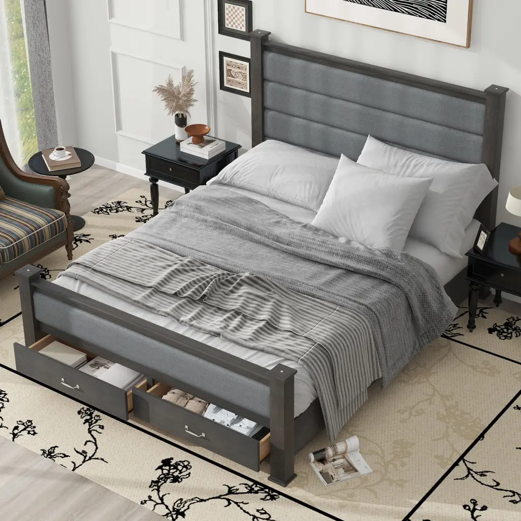Queen Size Wood Frame Platform Bed Upholstered Headboard Footboard Modern Bedroom Furniture wm store
