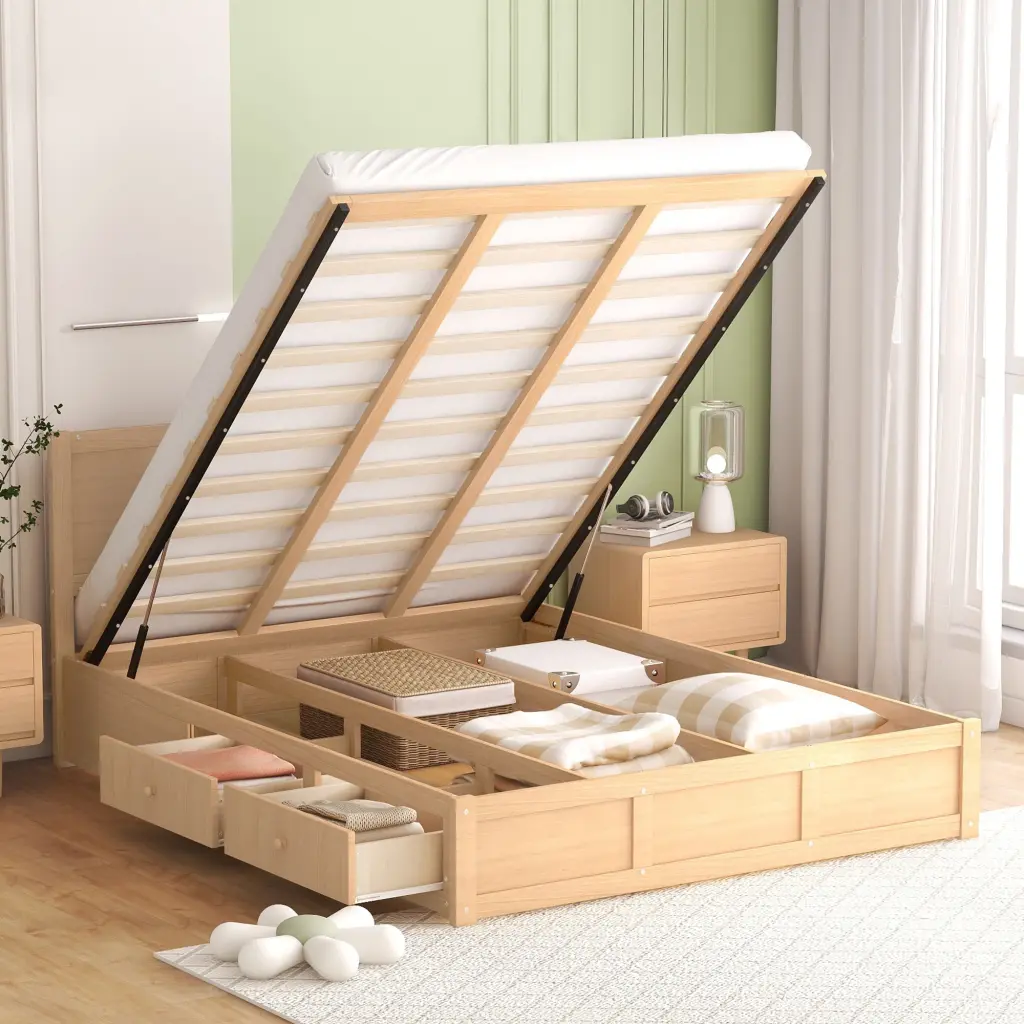 Queen Size Wood Platform Bed Underneath Storage and 2 Drawers wm store
