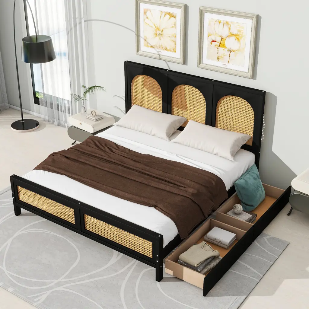 Queen Size Wood Storage Platform Bed 2 Drawers and Rattan Headboard wm store
