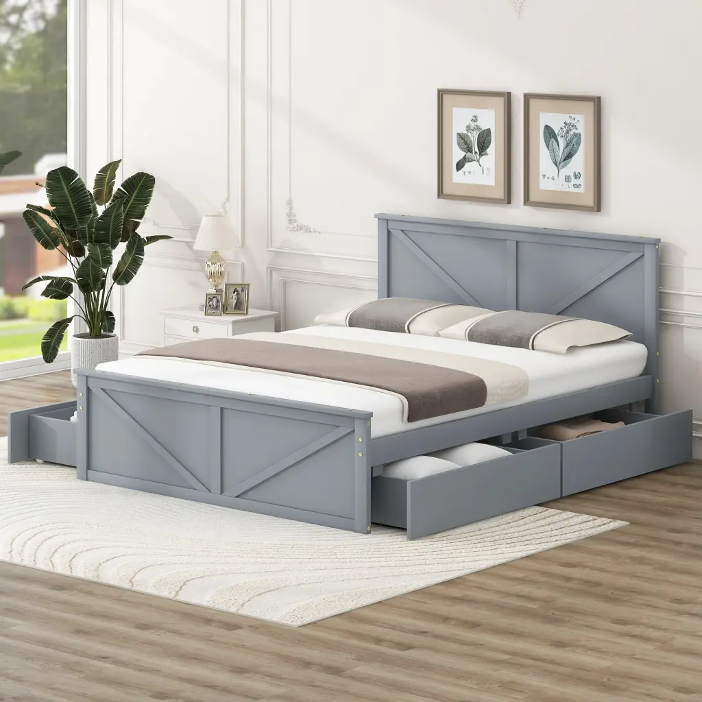 Queen Size Wooden Platform Bed Four Storage Drawers And Substantial Headboard wm store