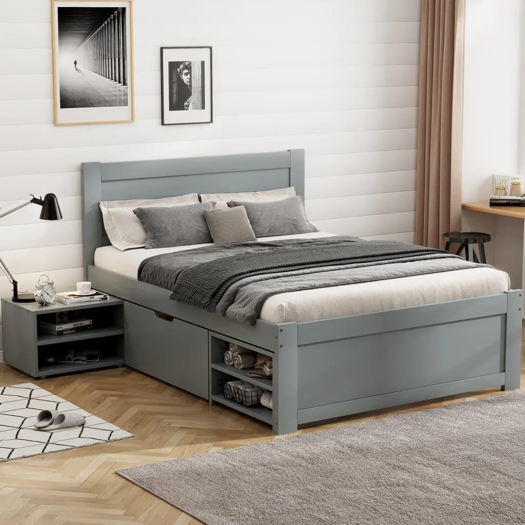 Twin Size Platform Bed Drawer and Two Shelves Gray Antique Finish wm store