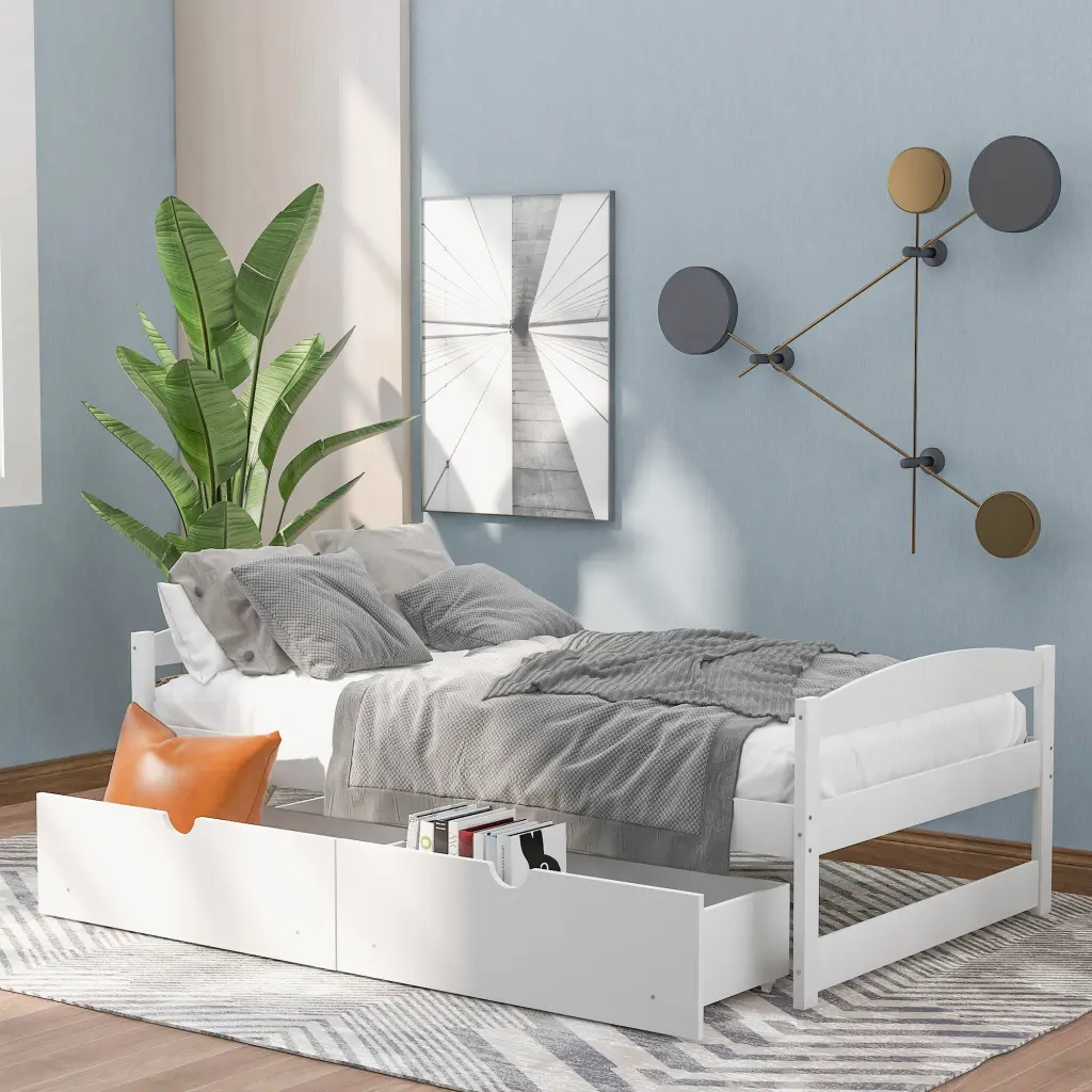 Twin Size Platform Bed Two Drawers White Pine wm store