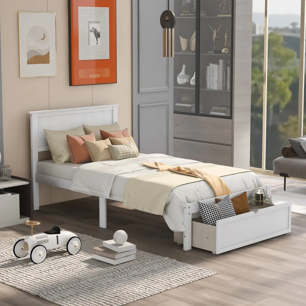Twin Size Platform Bed Under Bed Drawer Space Saving wm store