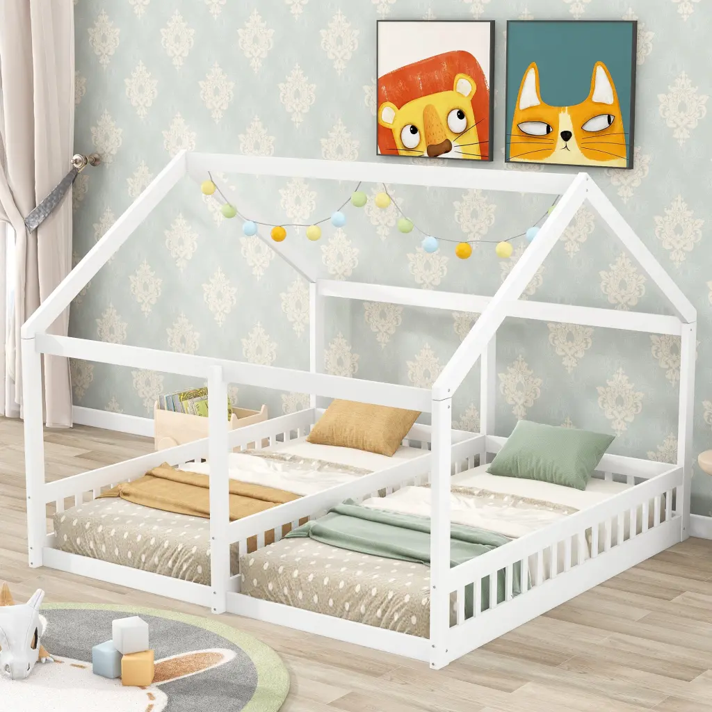 Twin Size Platform Beds Two Shared Beds White Pine Wood Frame wm store