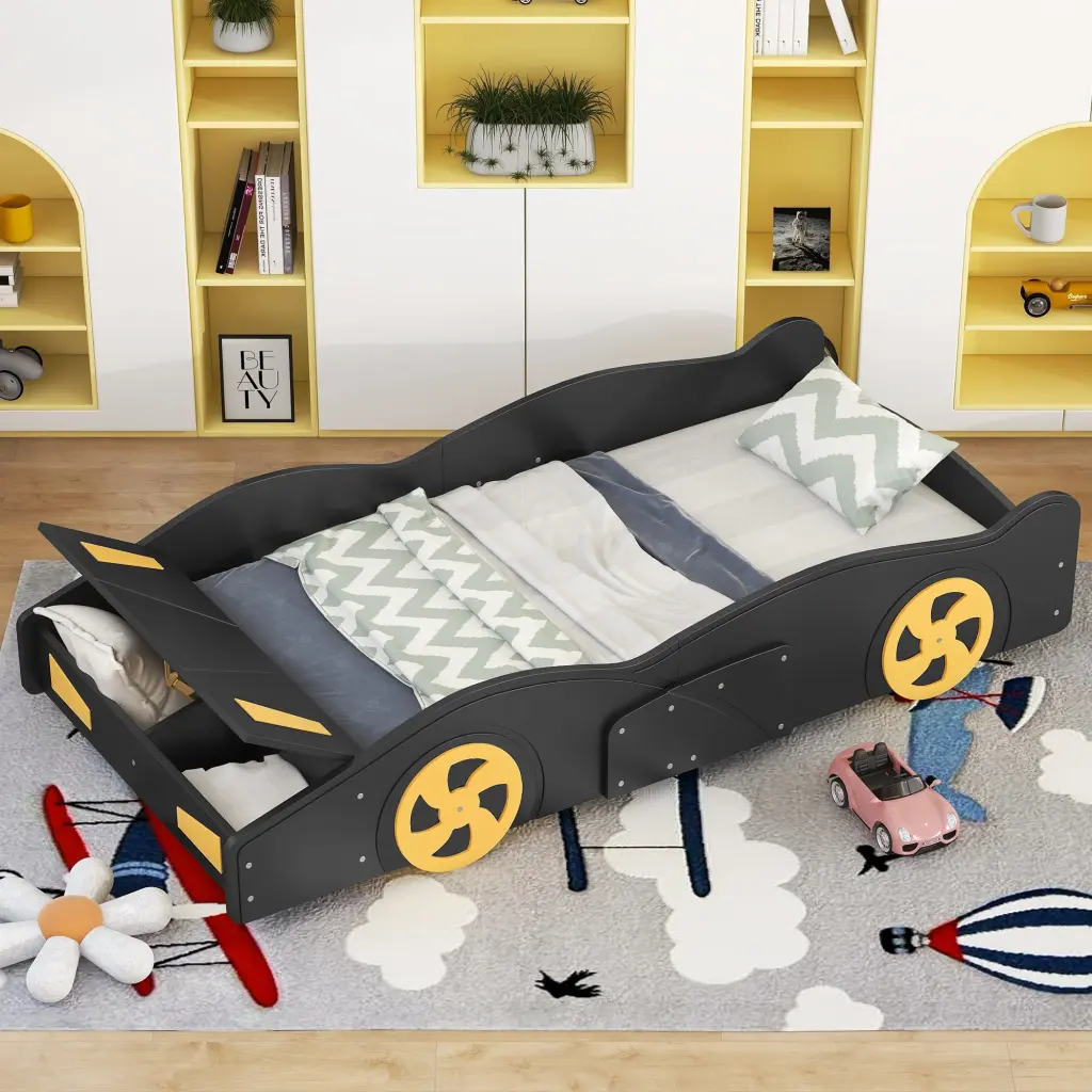 Twin Size Race Car Influenced Platform Bed Wheels And Storage Black wm store