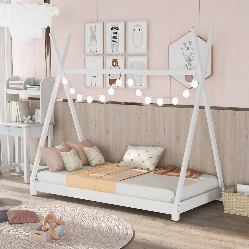Twin Size White Pine Platform Bed Triangle Structure Modern Minimalist Bed Frame wm store