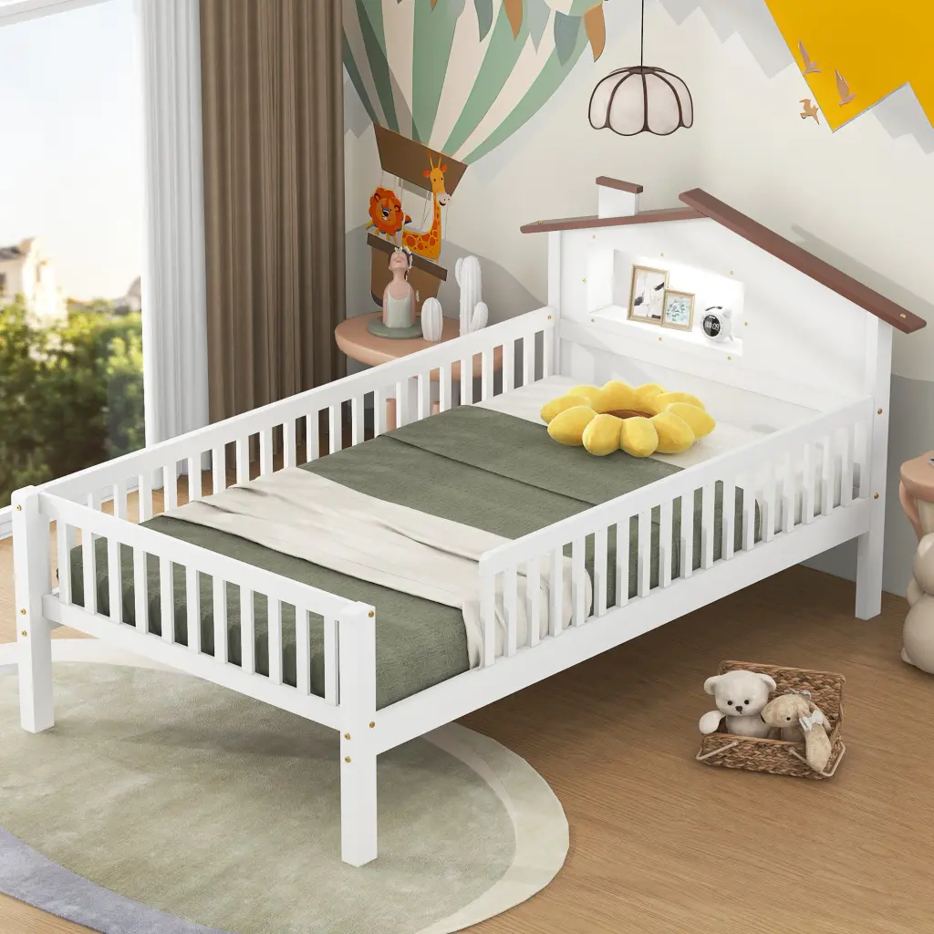 Twin Size Wood Platform Bed House Influenced Headboard LED Lights wm store
