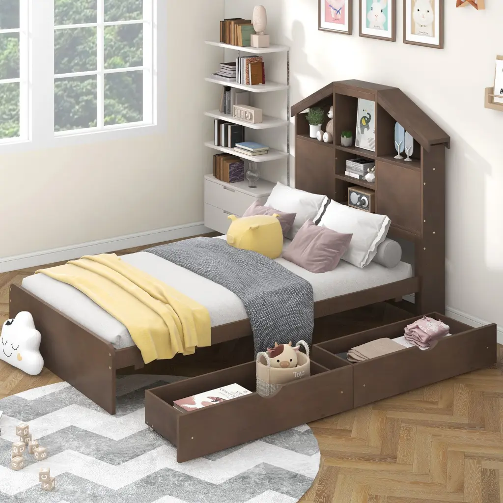 Twin Size Wood Platform Bed Storage Headboard and 2 Drawers wm store