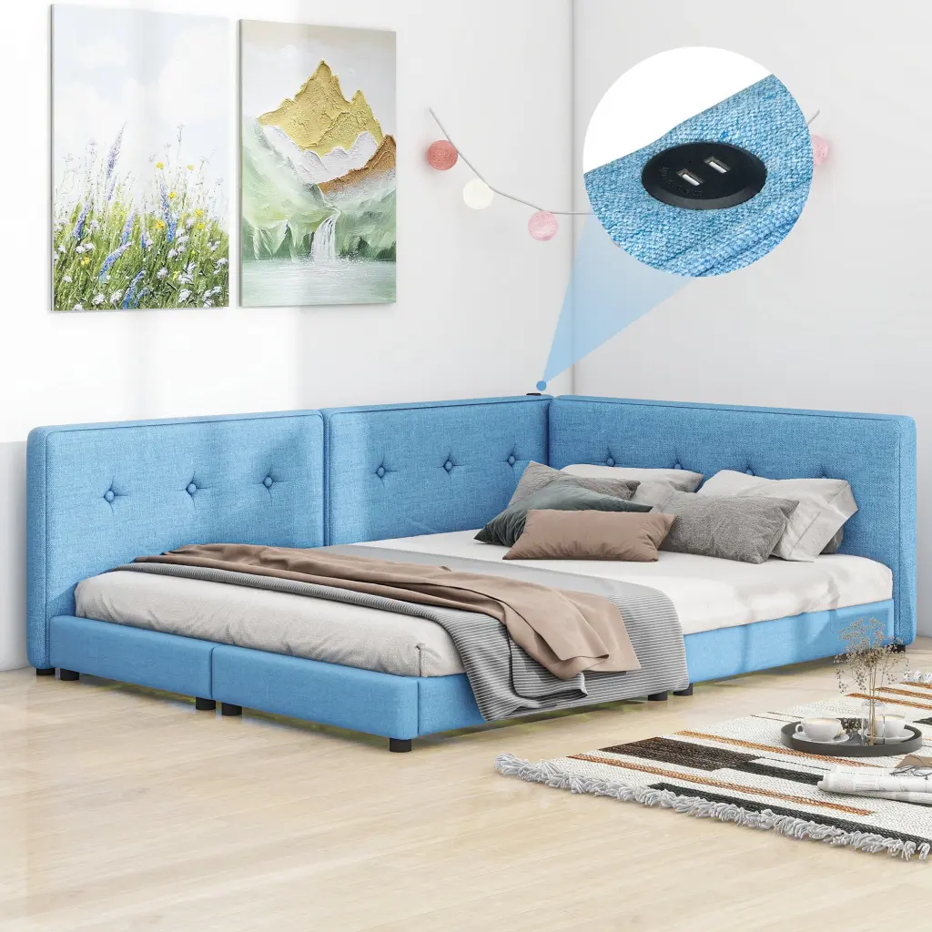 Upholstered Queen Size Platform Bed USB Ports Blue No Box Spring wm store