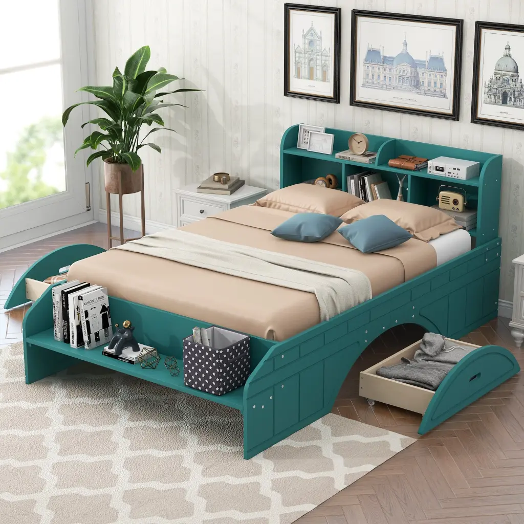 Wood Full Size Platform Bed 2 Drawers Storage Headboard And Footboard wm store
