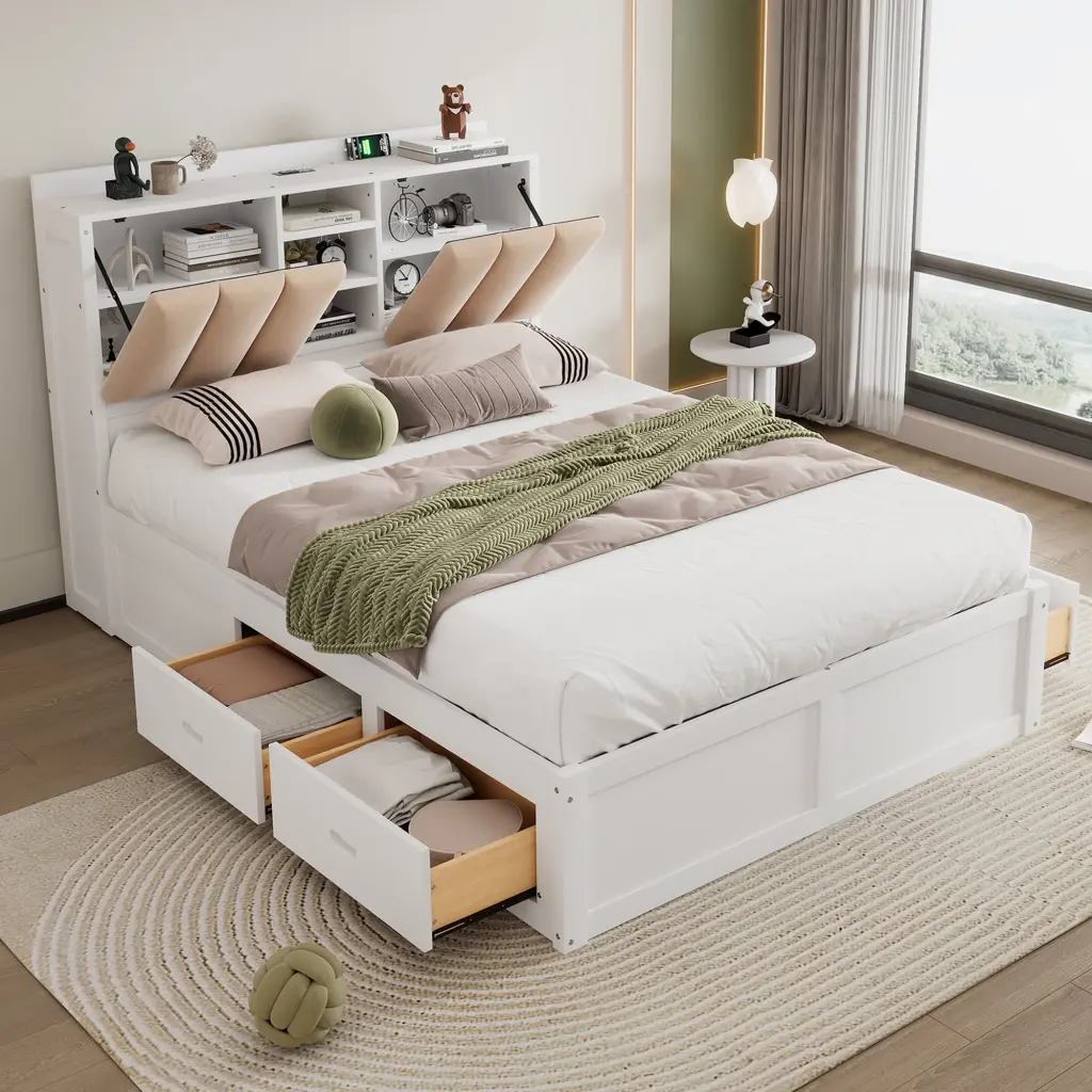 Wood Full Size Platform Bed Storage Headboard and 4 Drawers White Bed Frame wm store