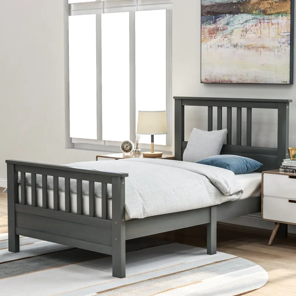 Wood Platform Bed Headboard And Footboard Twin Gray Solid Construction wm store