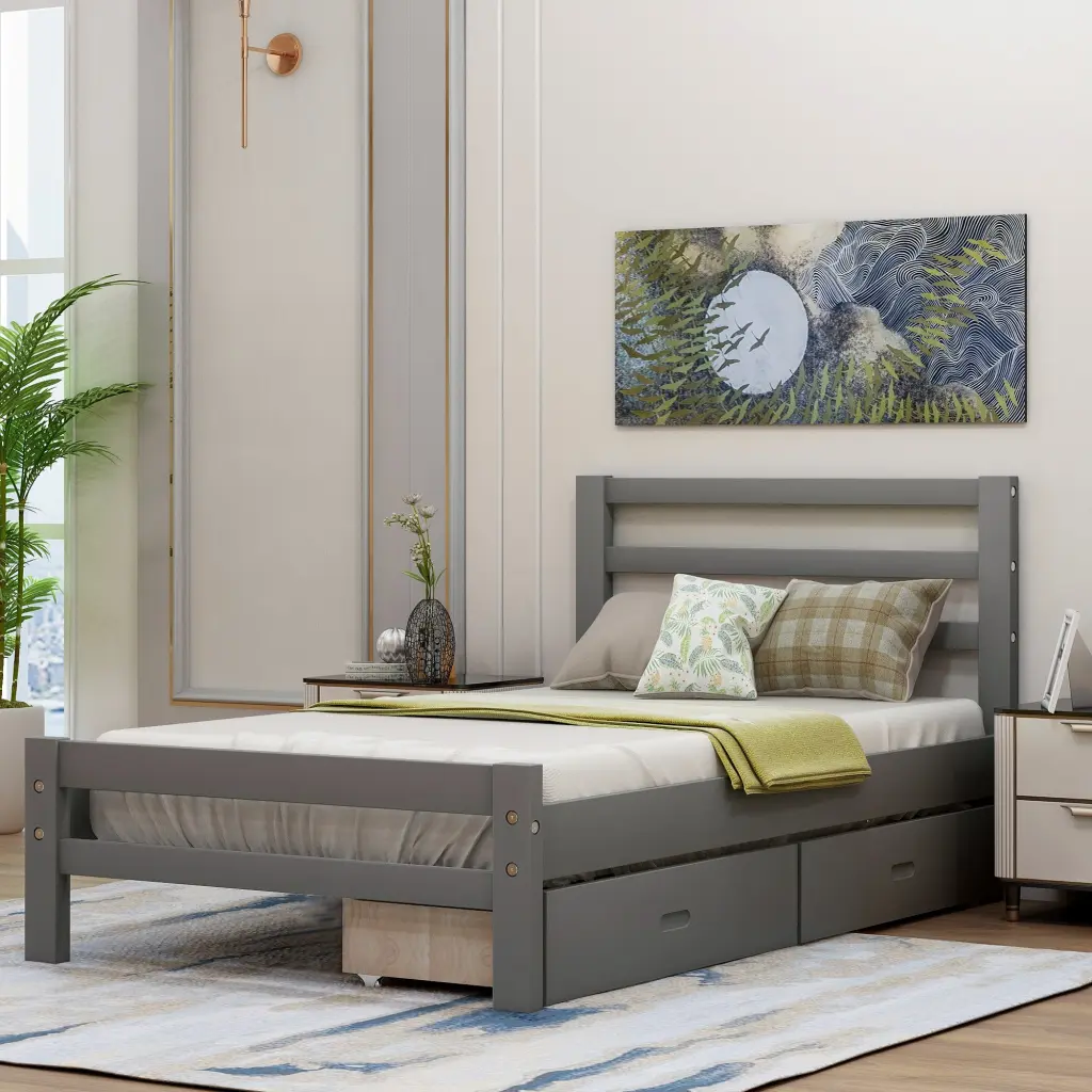 Wood Platform Bed Two Drawers Twin Size Gray Pine wm store