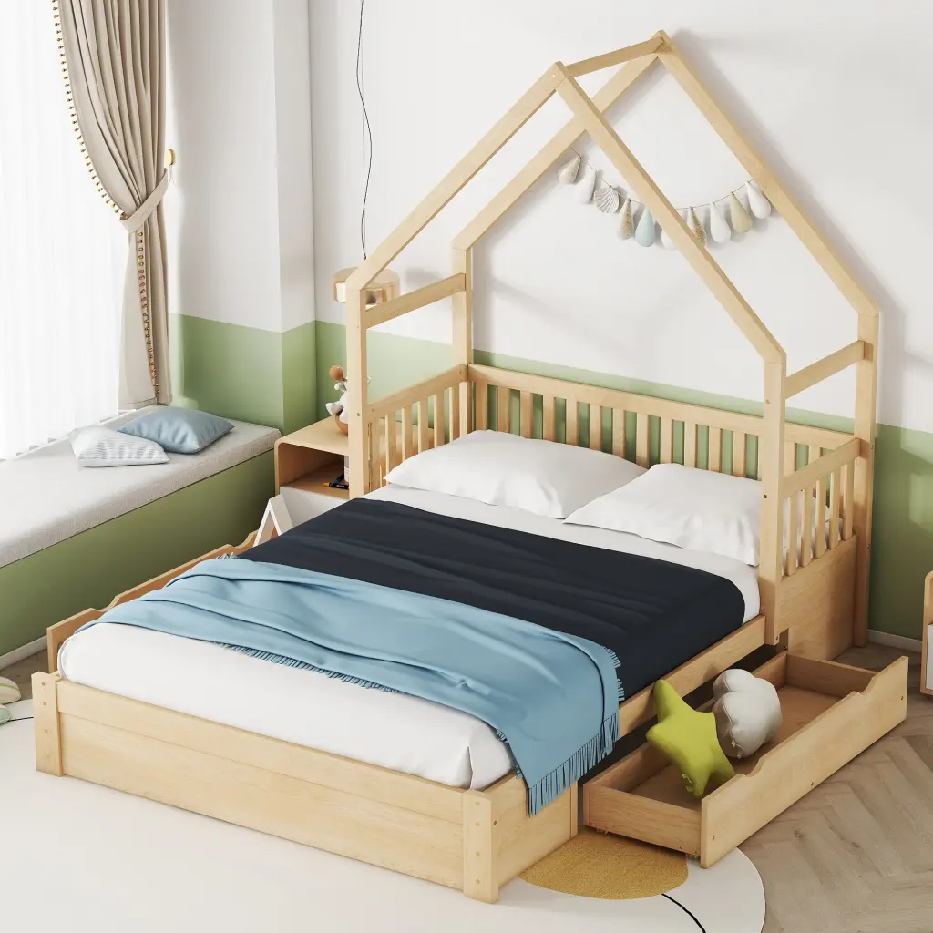 Wood Queen Size Platform Bed Guardrail And 2 Drawers Natural Finish wm store