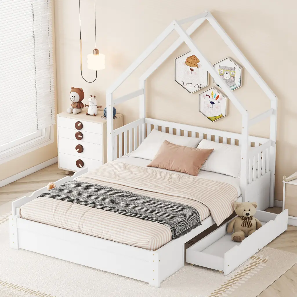 Wood Queen Size Platform Bed Guardrail and 2 Drawers White wm store