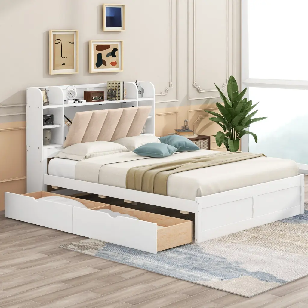 Wood Queen Size Platform Bed Storage Headboard Shelves And 2 Drawers wm store