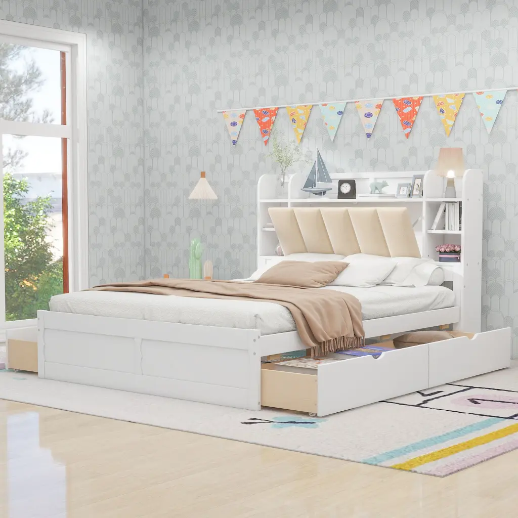 Wood Queen Size Platform Bed Storage Headboard Shelves And 4 Drawers Bedroom Furniture wm store