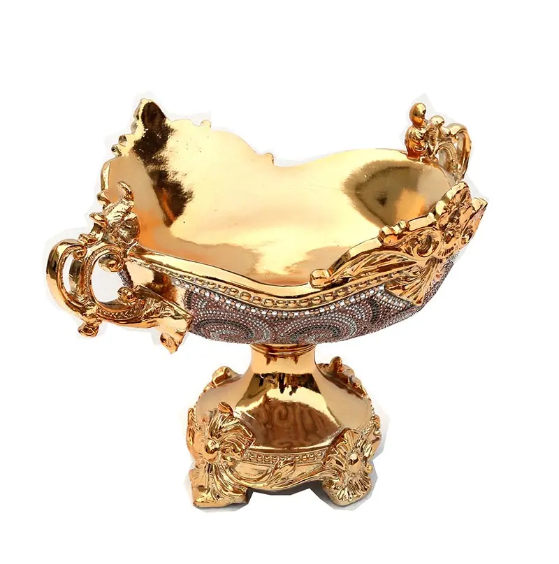 Ambrose Chrome Plated Crystal Embellished Ceramic Fruit Platter Gold Color Serving Tray furnings