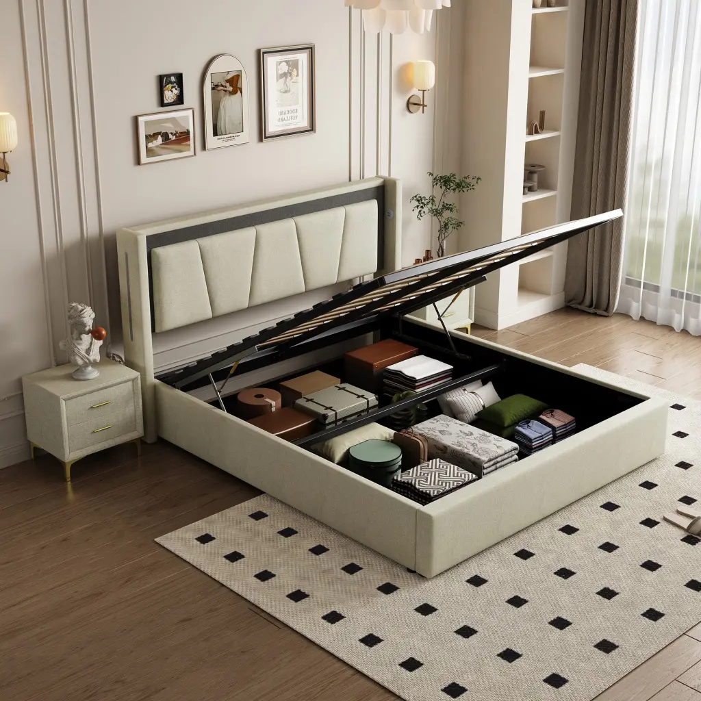 Queen Size Cotton And Linen Fabric Pneumatic Bed Storage Space hx-furniture
