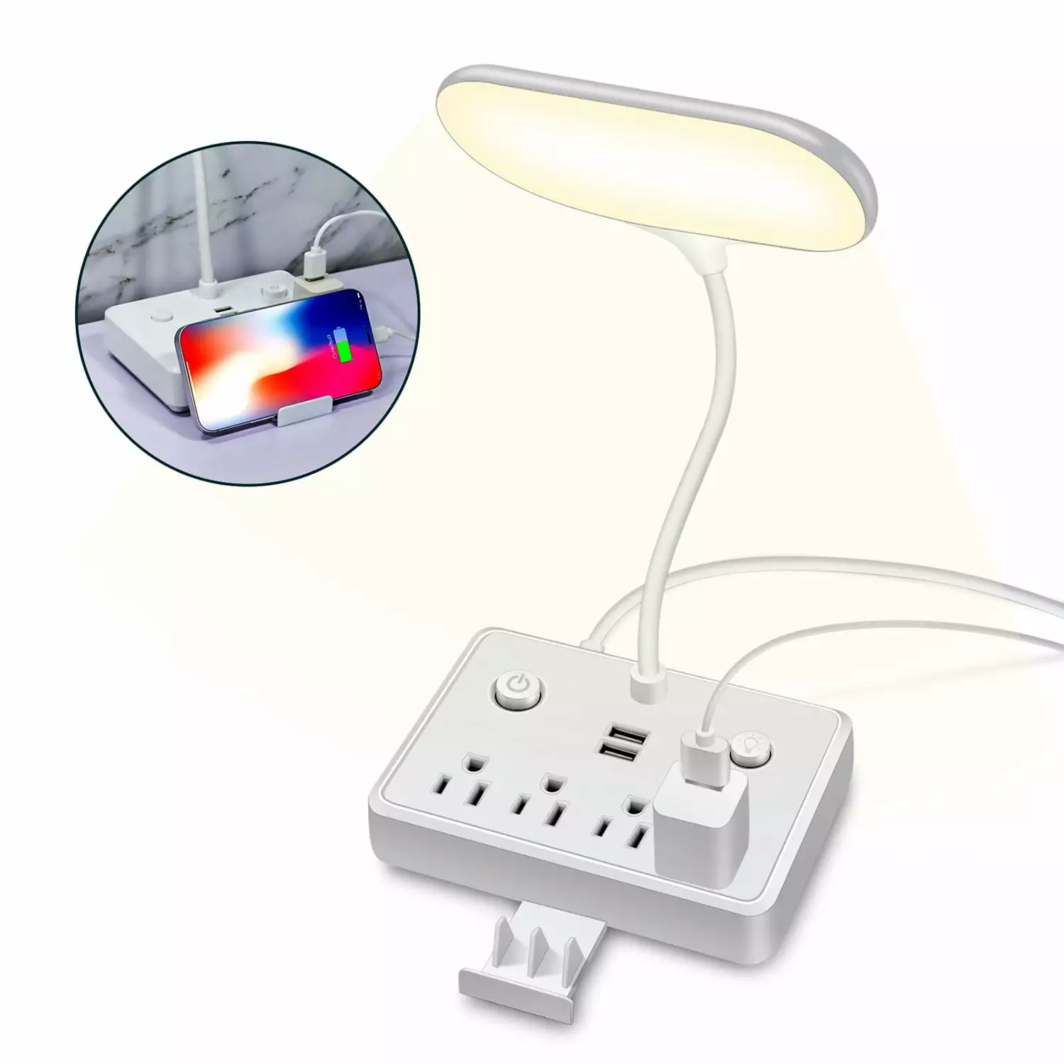 FAV Desk Lamp w Outlet Folding LED Light USB Ports Phone Holder Space-Saving Dorm Home Travel
