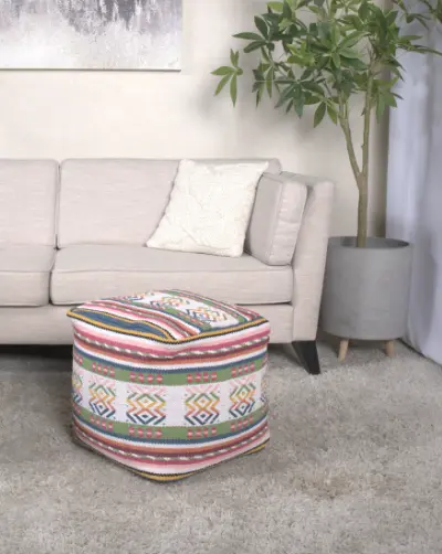 Inca Artisan-made Peruvian Print Square Pouf White Pink Multicolor bazar