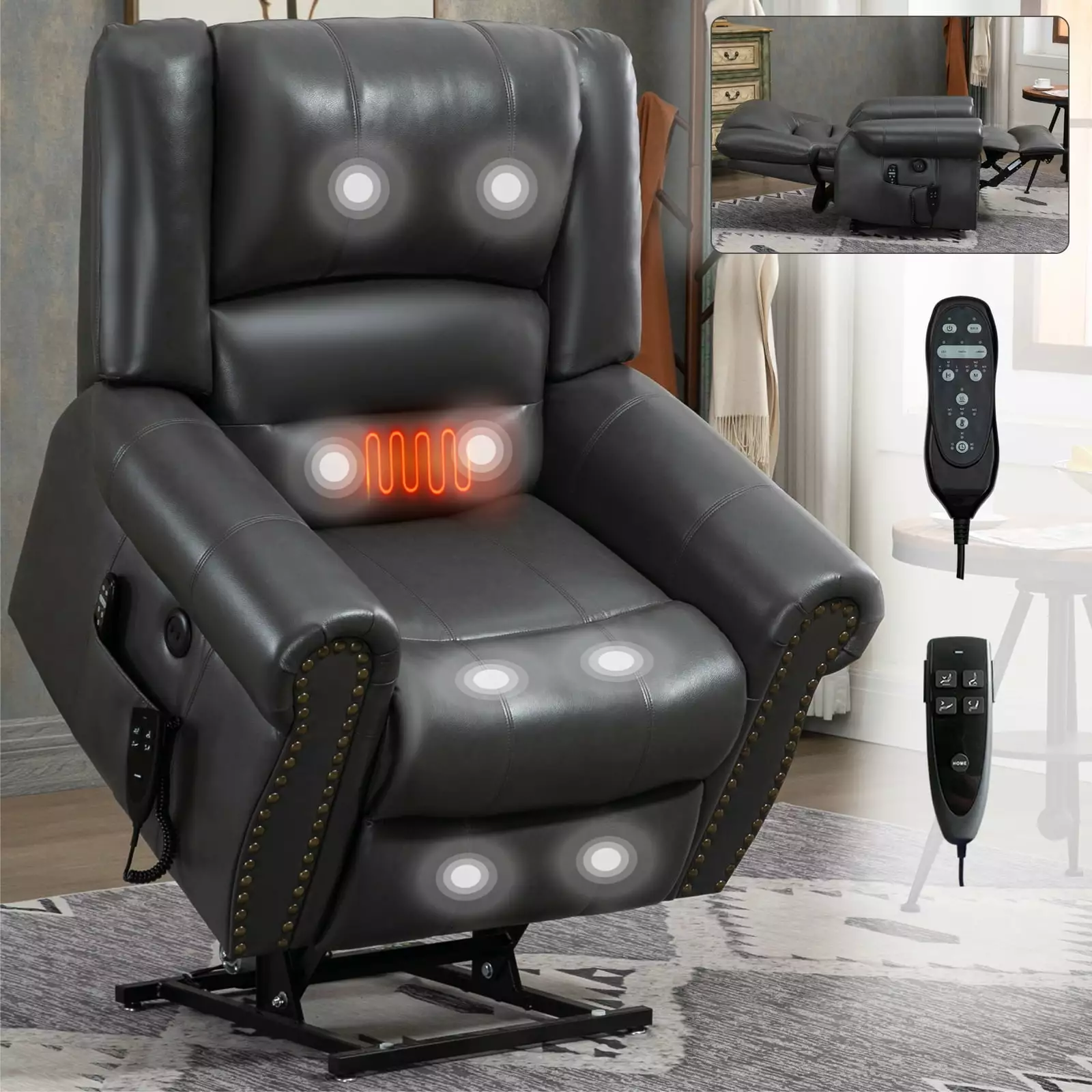 DeeHome Power Lift Recliner Chair Heat Massage Dual Motor 350 LBS Faux Leather USB Ports Grey