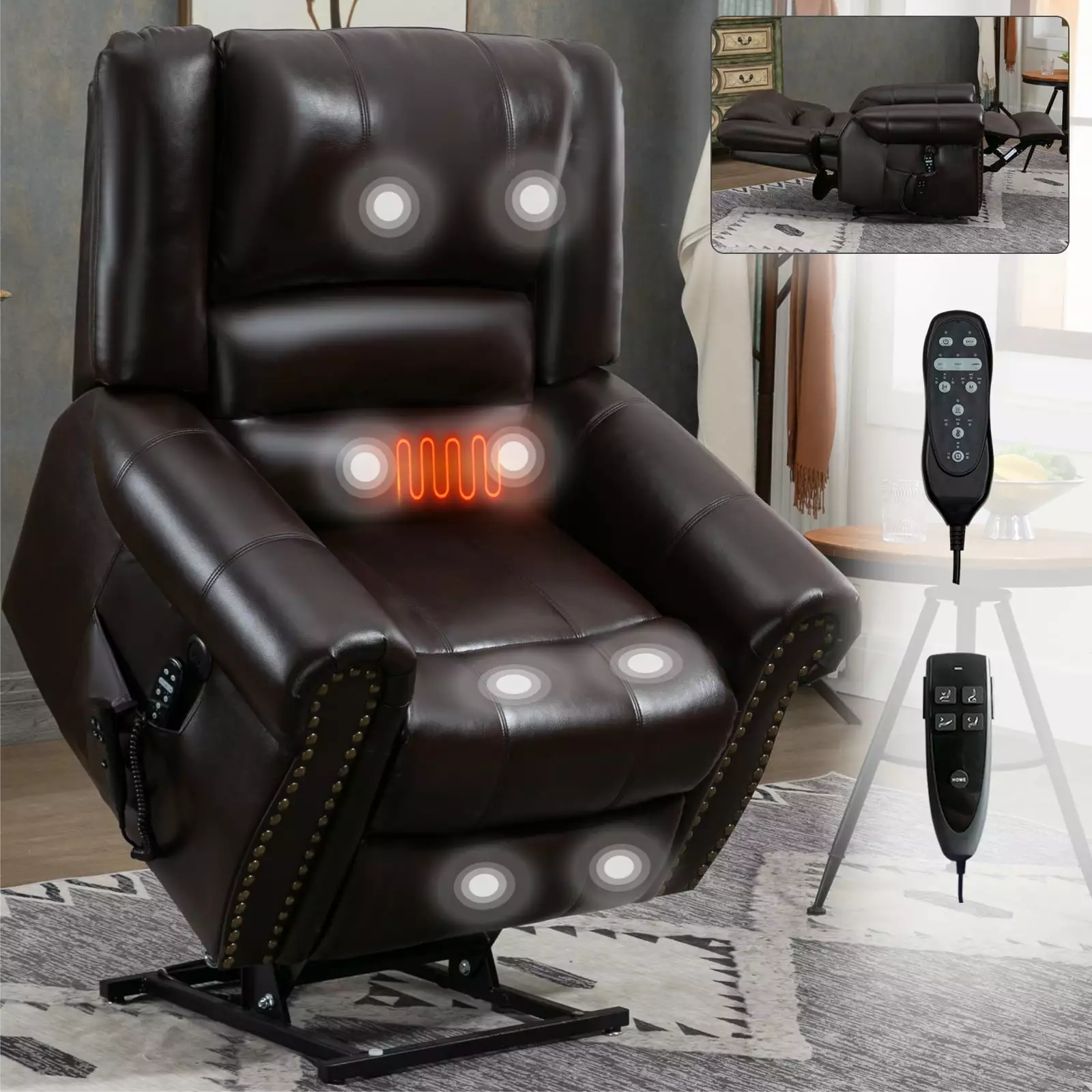 DeeHome Power Lift Recliner Chair Heat Massage Dual Motor 350 LBS Faux Leather USB Ports Brown