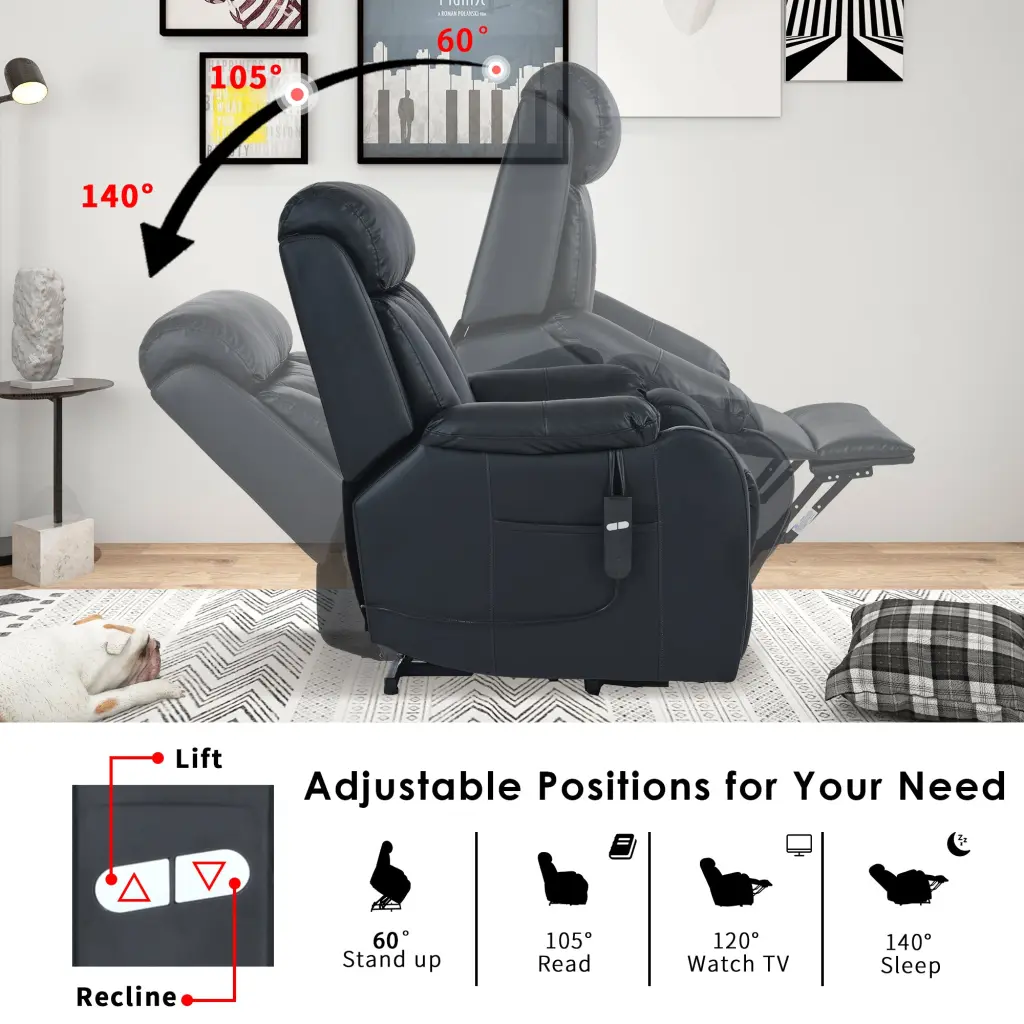 Electric Power Lift Recliner Chair Elderly PU Recliner Chair Massage And Heat sunco store