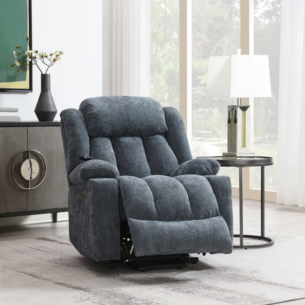 Blue Power Lift Recliner Heating and Massage Blue Chenille Power Chair furniture max
