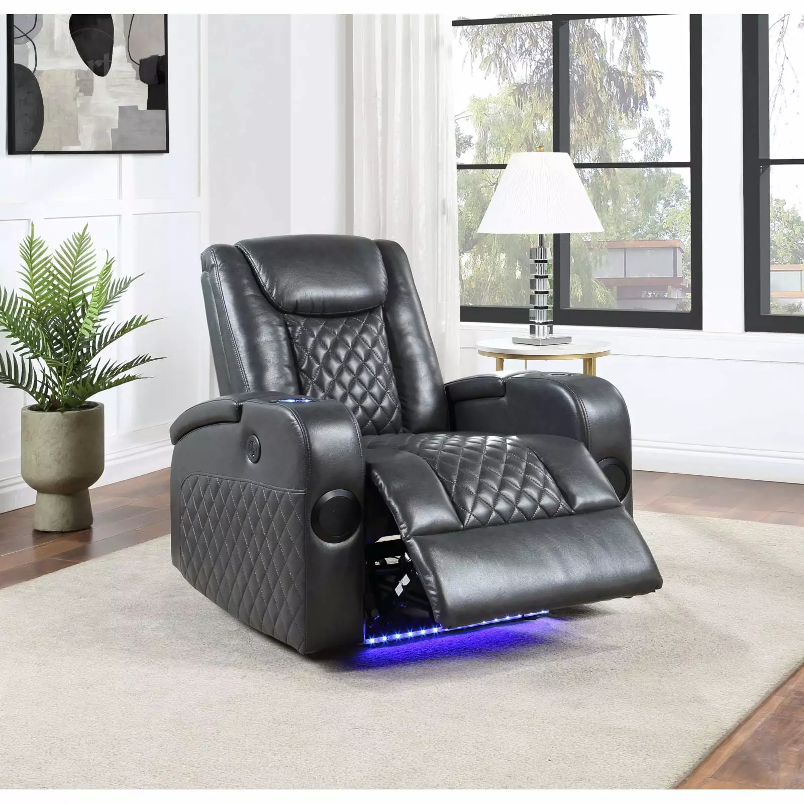 Miekor Furniture Alair Power Motion Recliner Bluetooth Speaker Cooling Cup Holder Dark Gray Leather