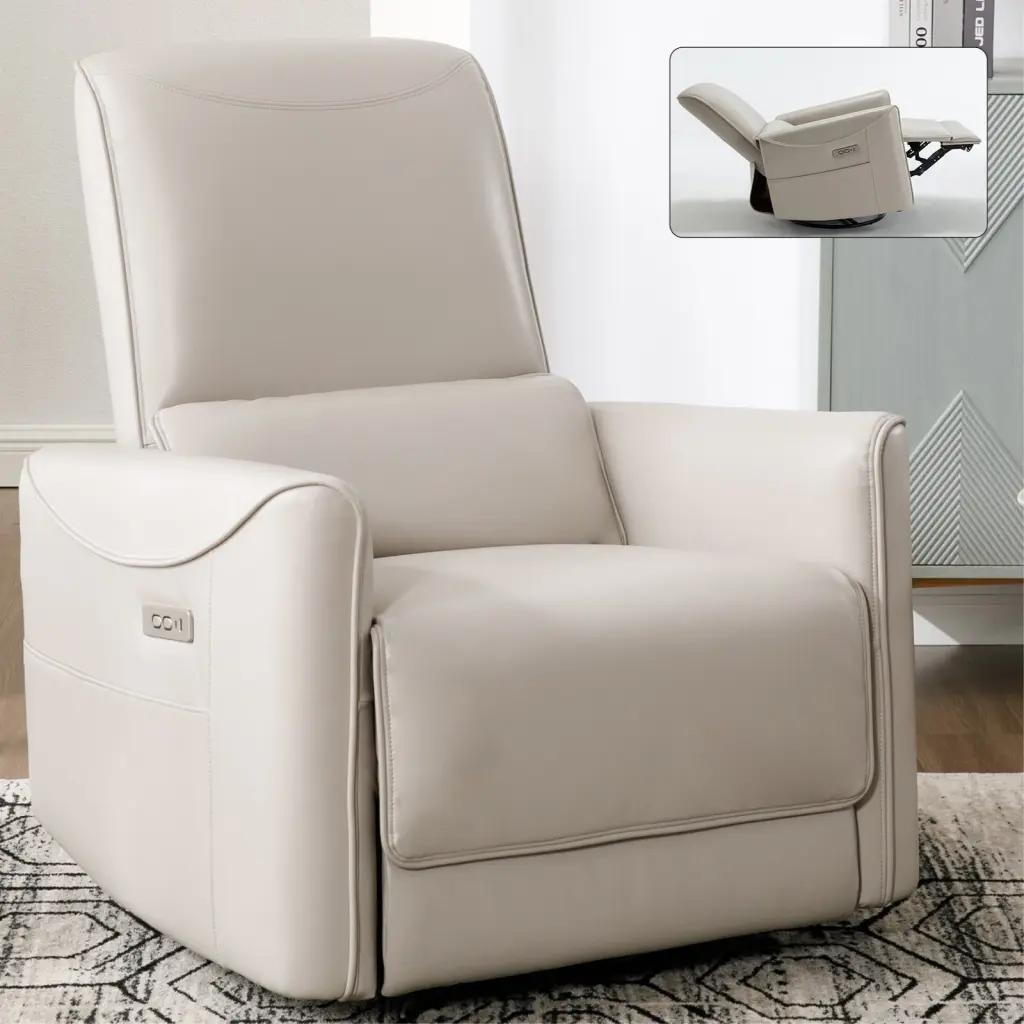 Beige Grey Leatheraire Swivel And Rocker Power Recliner Chair Heavy Duty Comfort rnb