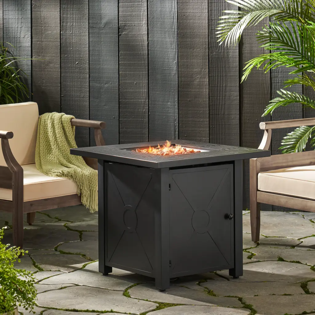 Outdoor Patio Propane Fire Pit 24.5 Inch H X 28 Inch W Square Iron Gas Burning nh-bc furniturings