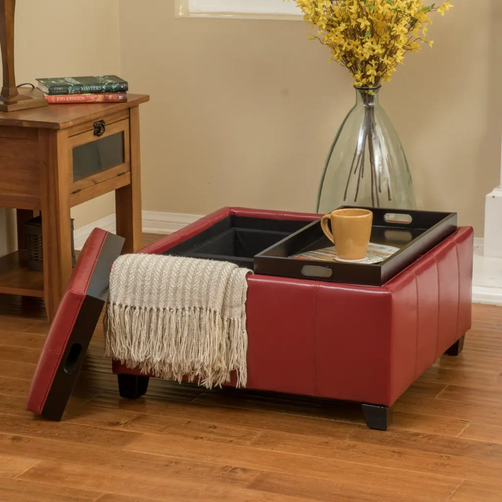 Mansfield Ottoman Red PU Leather Footstool Living Room nh-perfect home