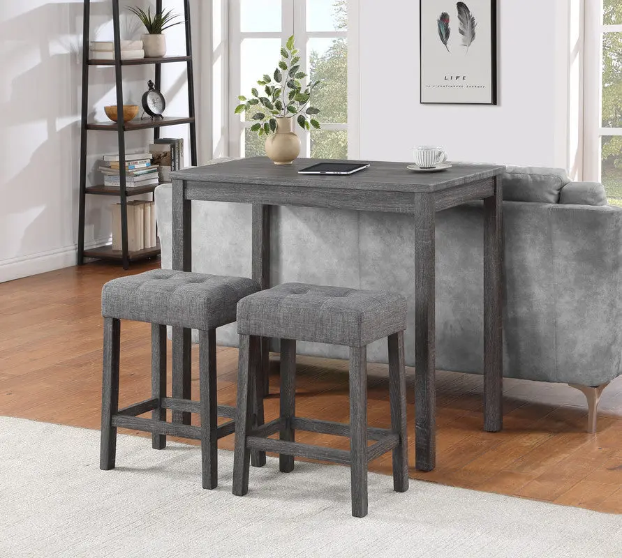 Lux Gray 3 Piece Counter Height 36 Inch Pub Table Set Tufted Gray Linen lilola home