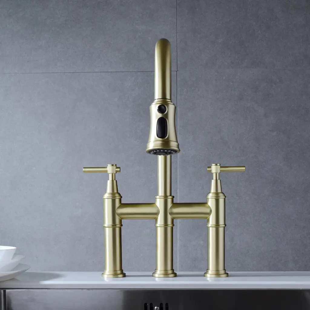 Bridge Kitchen Faucet Pull Down Sprayhead Spot Gold Brass rnb