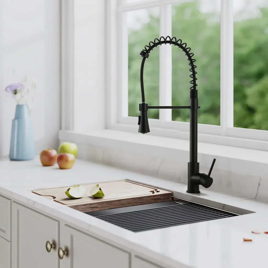 Single Handle Commercial Modern Matte Black Spring High Arc Kitchen Faucet Pull Down Sprayer sihua sanitary ware
