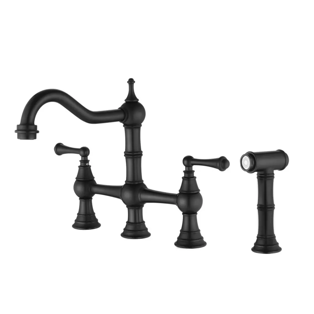 Bridge Dual Handles Kitchen Faucet Pull Out Side Spray Matte Black rnb