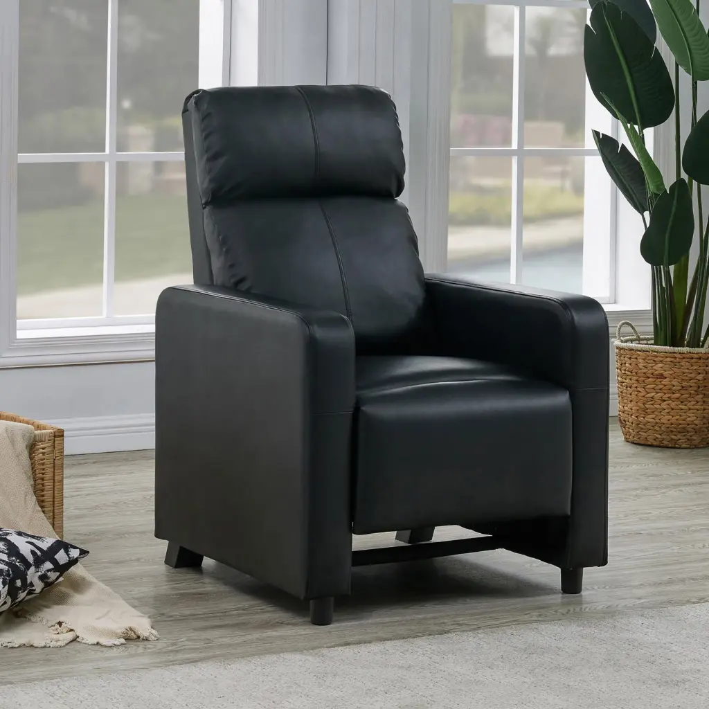 Black Upholstered Push Back Recliner Black Faux Leather Manual Push Back Mechanism furniture max