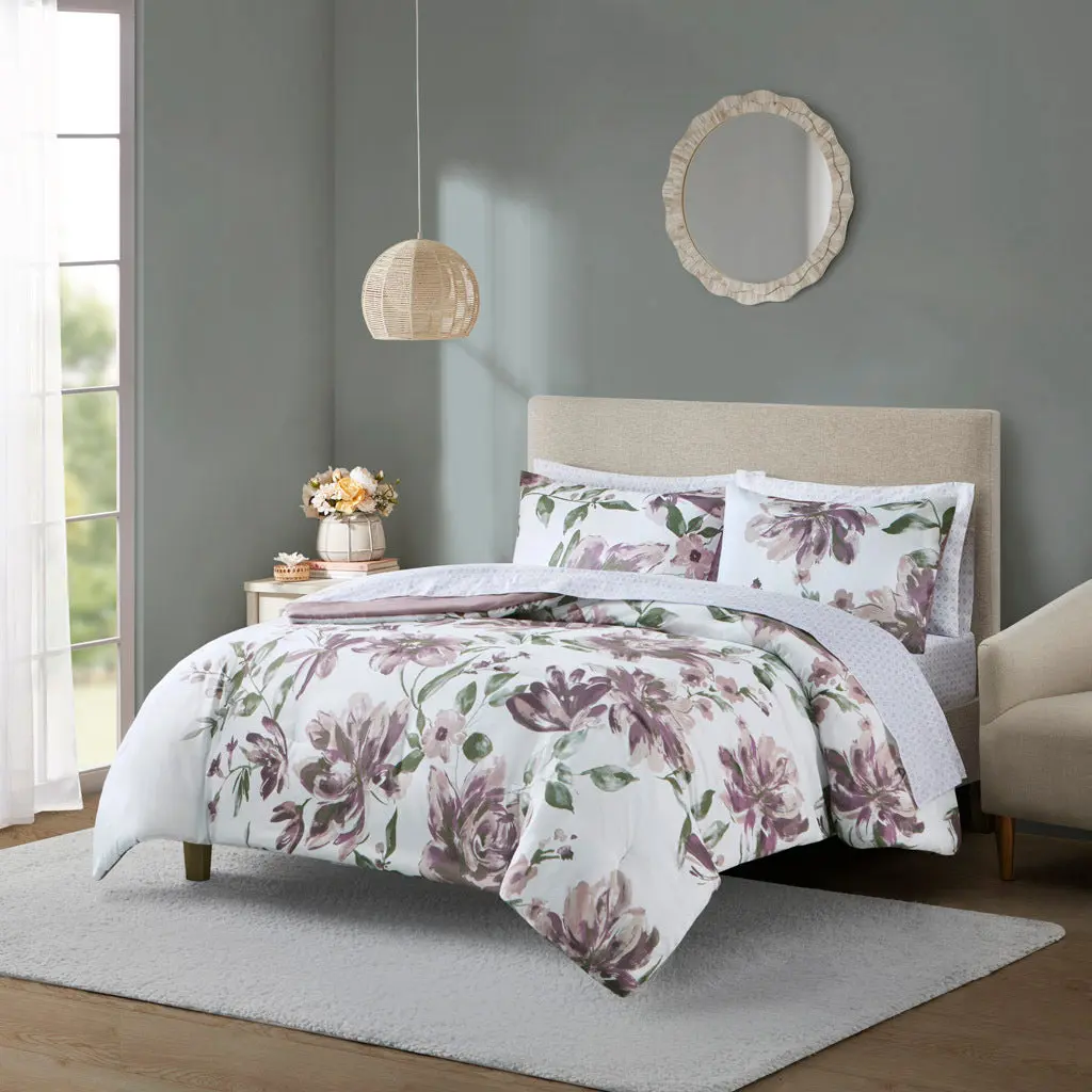 Floral Easier Set Bed Sheets Mauve Polyester Bedding Set Queen Bed jla