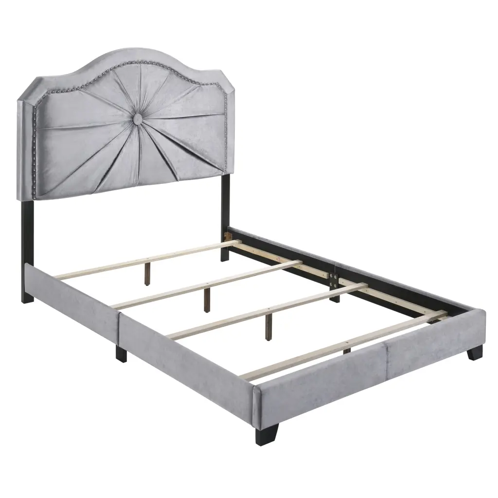 Grey Queen Panel Bed Premium Poplar Wood and Velvet Upholstery furniture max